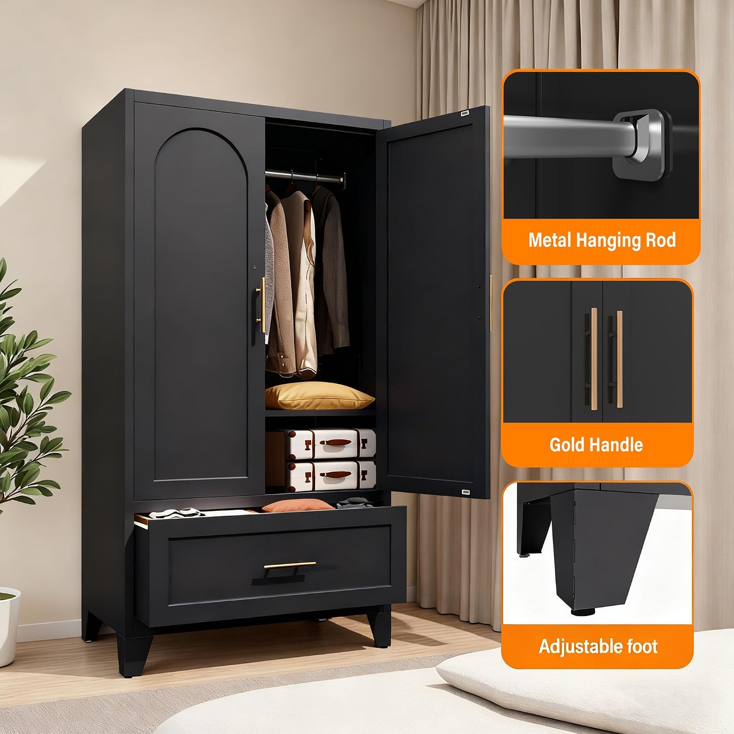 Anwick Metal Wardrobe Closet, 60" Tall Black Metal Wardrobe Cabinet | Hanging Rod, 1 Drawer, 2 Doors and Adjustable Shelf for Bedroom Guest Room Laundry Room