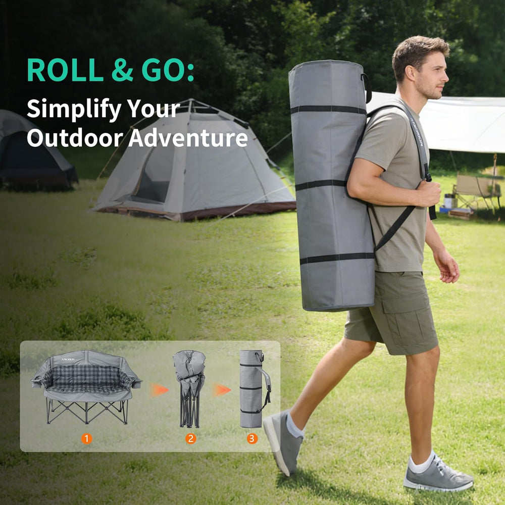 Oversized Double Camping Chair Heavy Duty Padded Double Folding Chair with Cu...