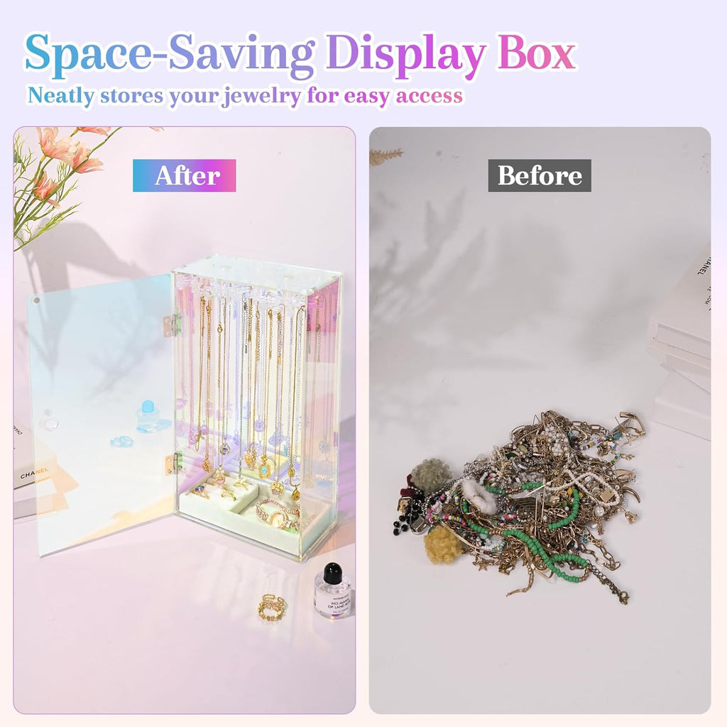 Cirhy Iridescent Necklace Holder Organizer for Women & Girls, Rotating Acrylic Jewelry Display Stand with Velvet Tray, Dustproof Necklace Organizer Box, Great Gift for Her