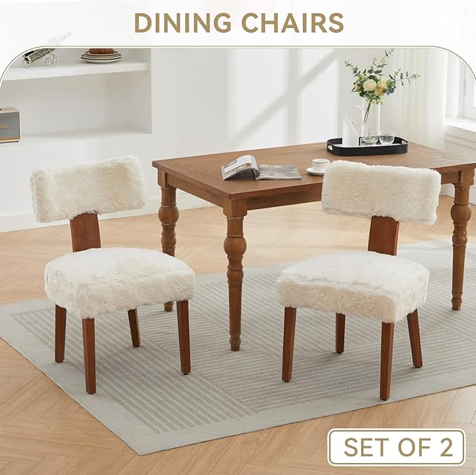 Modern Faux Fur Upholstered Dining Chairs Set of 2, Cream White Accent Side Chairs with Solid Wood Legs, Ergonomic Kitchen Chairs for Dining Room