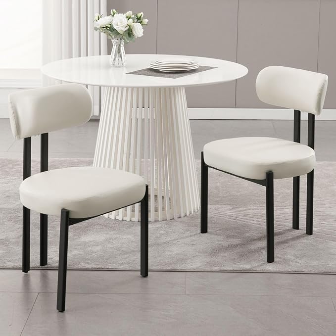 LukeAlon Faux Leather Dining Chairs Set of 2, Modern Curved Back Armless Kitchen Chairs with Black Metal Legs Upholstered Reception Guest Chairs for Home Office Restaurant Dining Room, White