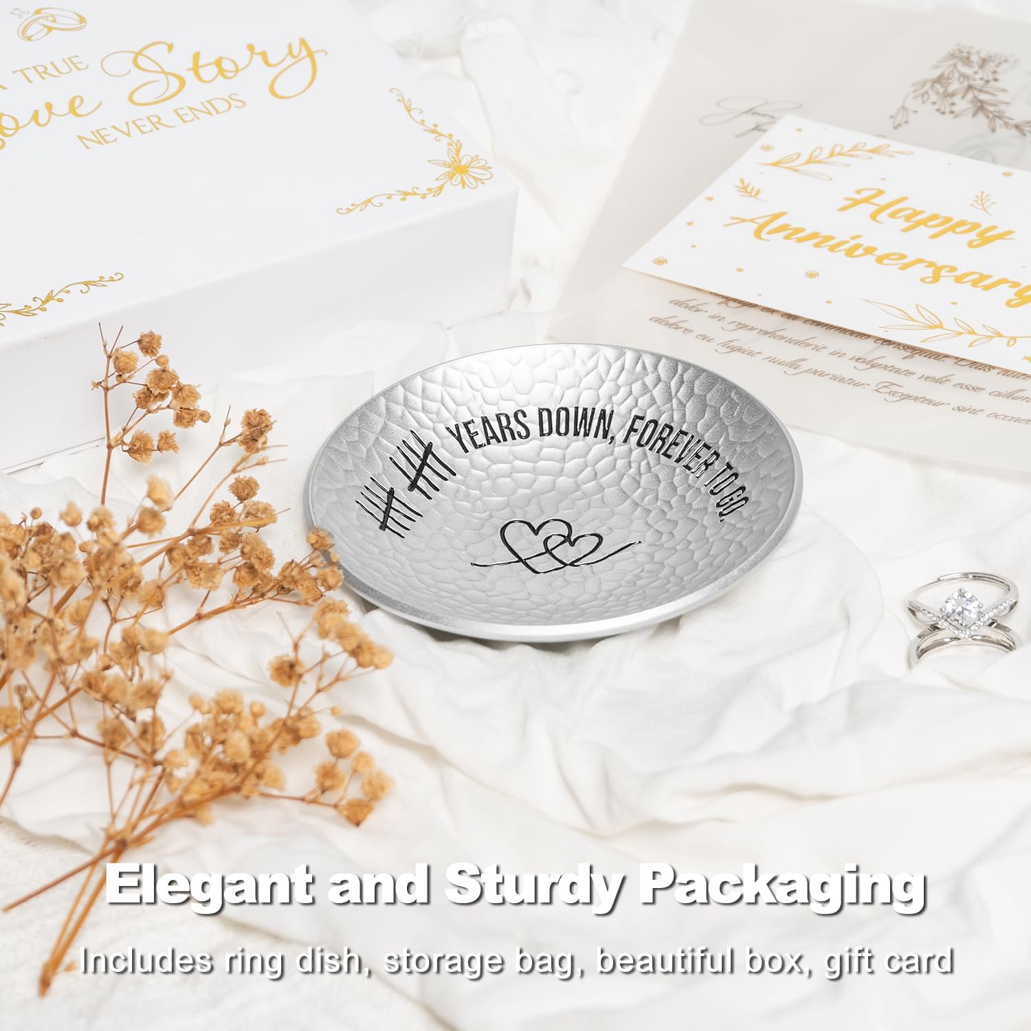 10 Year Anniversary Aluminum Gifts, 10th Wedding Anniversary Jewelry Tray For Wife Husband Her Him, Ripple Textured 4" Ring Holder Dish - Ten Years Decoration Ideas Tin Gift for Parents Men Women