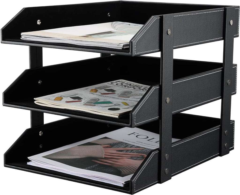KINGFOM Letter Tray, Leather Paper Organizer Tray, Wooden Desk File Holder, Desktop File, Stackable Magazine Holder, Mail Sorter, Great for Home or Office - 3 Level Black