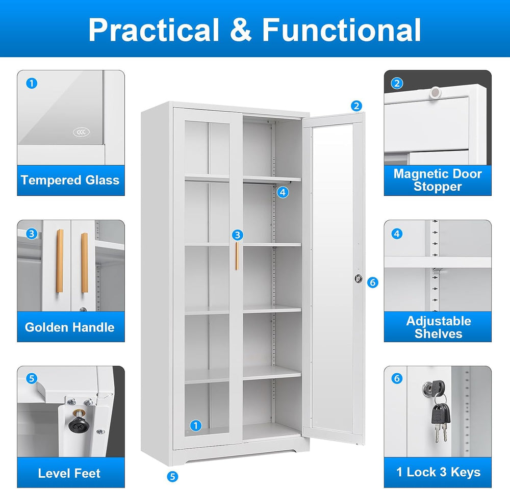 Polup 71" White Metal Glass Display Cabinet with Security Lock