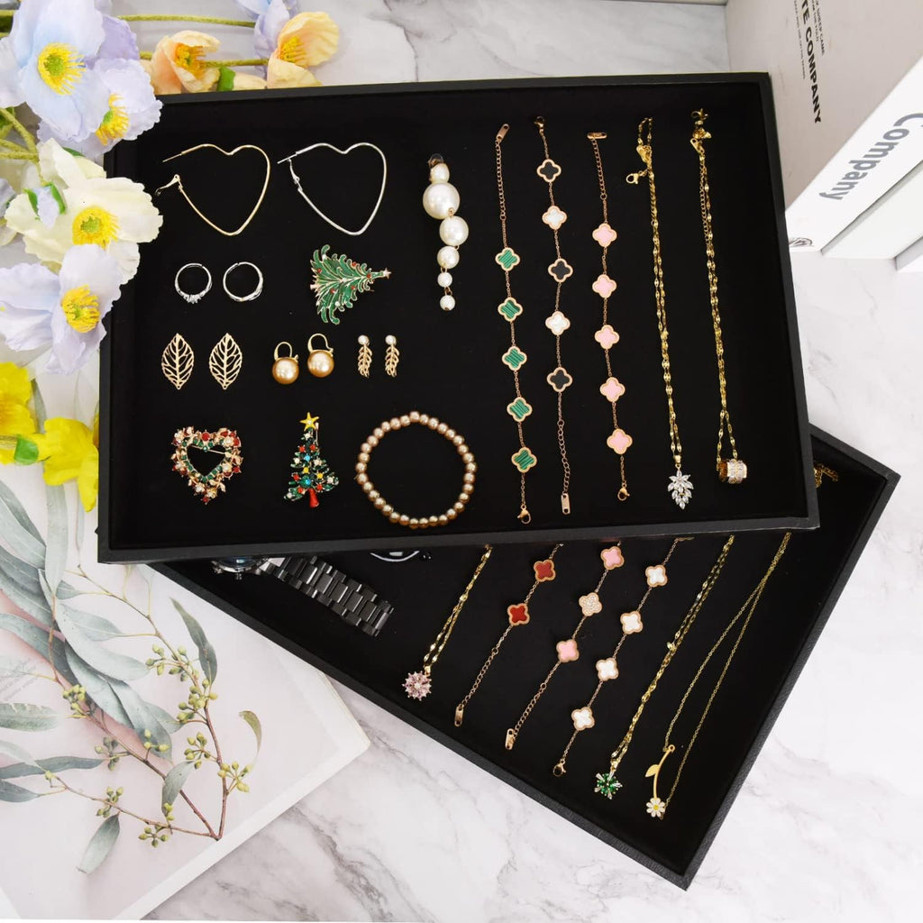 Velvet Jewelry Tray for Drawers Black Jewelrys Display Tray Stackable Jewelry Organizer Trays for Necklace Bracelet Ring Watch (2, Black)