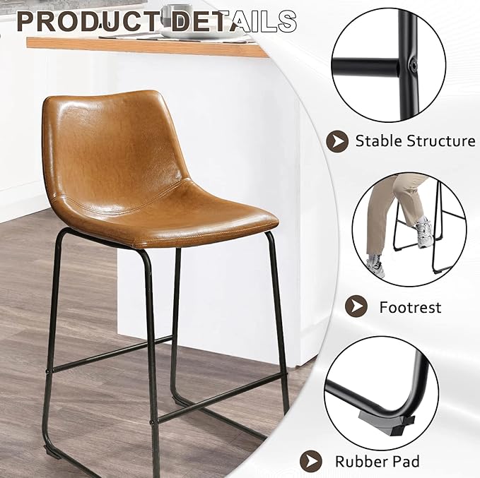 Lemebri 26 inch Bar Stools Set of 2, Modern Counter Height Bar Stools, Faux Leather Barstool with Back and Metal Leg, Armless Bar Chairs for Kitchen Island (Whisky, 2pcs 26")