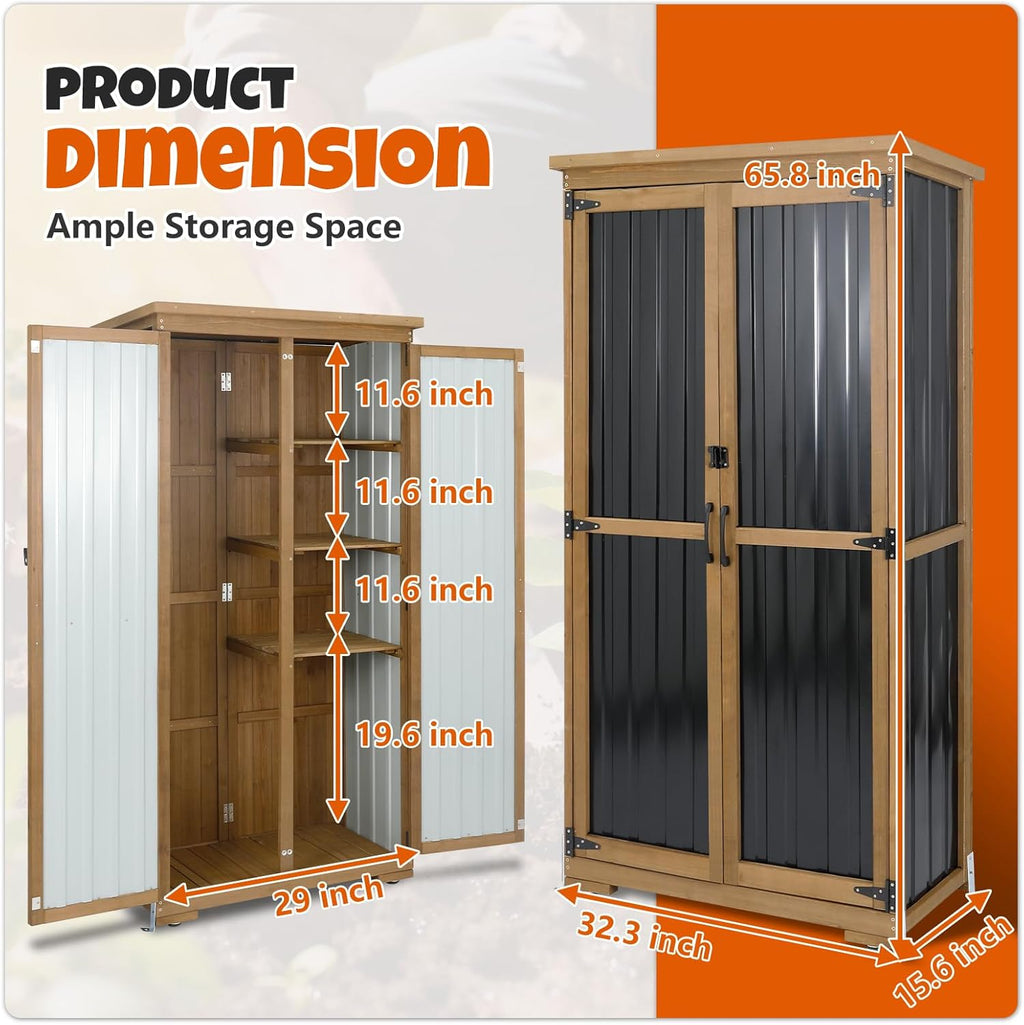 Outdoor Storage Cabinet with Shelves, Wood & Metal Storage Shed with Weatherproof Roof, 3 Removable Shelves, Double Lockable Doors, Adjustable Feet, Outside Storage Cabinet for Garage,Backyard, Patio