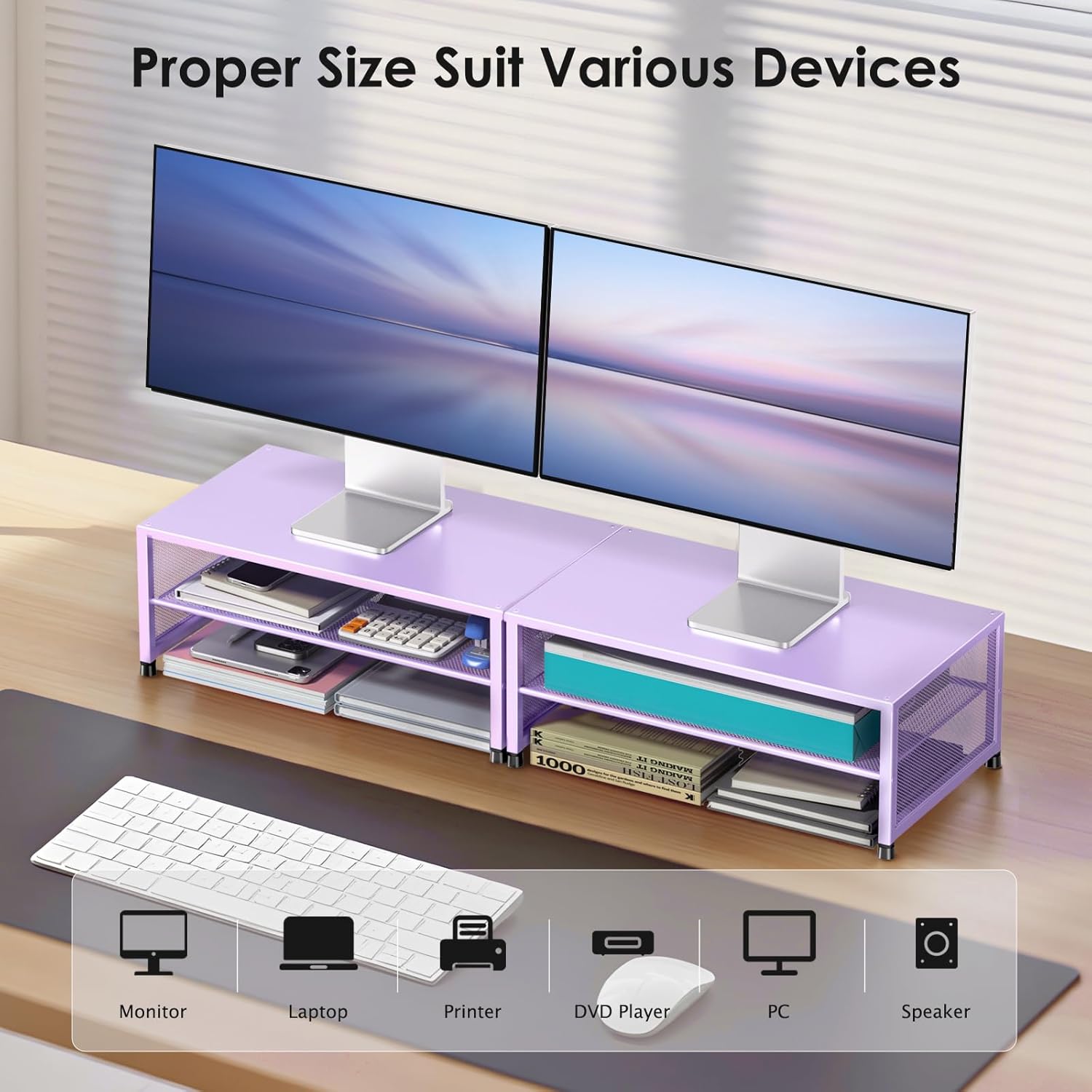 Desk Organizers and Accessories, 2-Tier Metal Computer Monitor Stand Riser, Desk Organizer for Monitor, Printer & Laptop Stand, Desktop Workspace Organizers for Office Supplies(Purple)