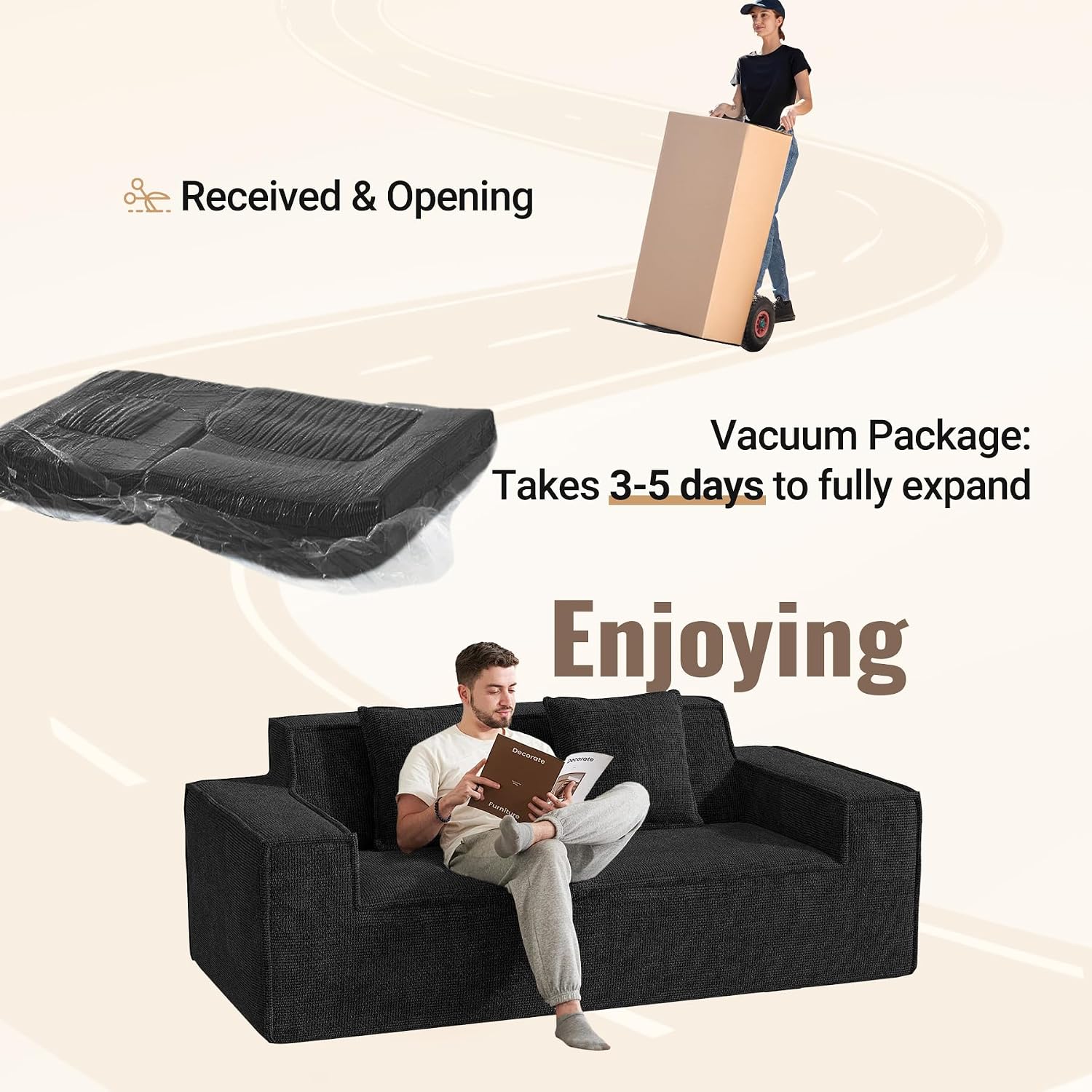 Luxanimarion 77'' Modern Small Cloud Loveseat Sofa, Boneless Love Seat | No Assembly Required Comfy Couches Includes 2 pcs Pillows for Living Room, Bedroom, Apartment, Polar Fleece Black