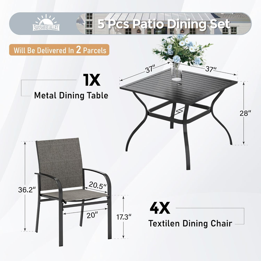 SUNSHINE VALLEY 5 Piece Patio Dining Set for 4, 37”x37” Square Table with Umb...