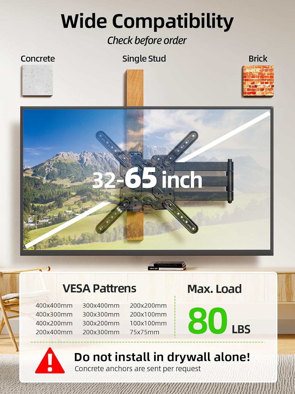 USX MOUNT Long Arm TV Wall Mount for Most 32-65 Inch TVs, 29 Inch Long Extension TV Mount Swivel and Tilt, Full Motion Corner Wall Mount Tv Bracket Fit Max VESA 400 x 400mm, Up to 80 lbs