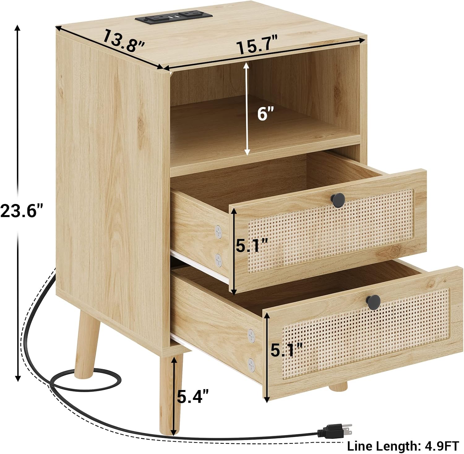 AOGLLATI Rattan Nightstands Set of 2 with Charging Station and LED, Boho Night Stand with 2 Drawers and Open Storage, Boho Wood Bedside Table for Bedroom