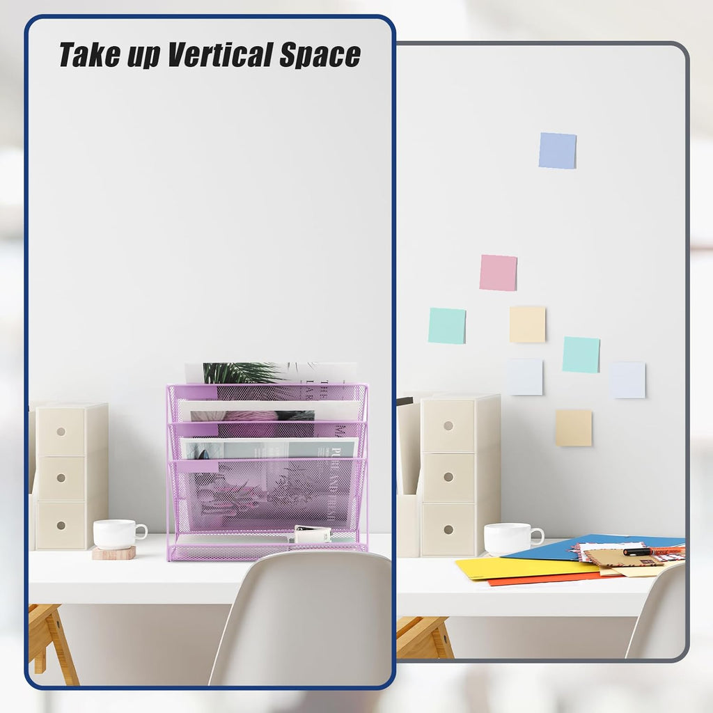 EASEPRES Desk File Organizer Mesh 4-Tier, Hanging Wall Mount Document Organization Stand, Desktop Vertical Mail Paper Folder Holder Rack with Bottom Tray for Office Home Cubicle, Light Purple