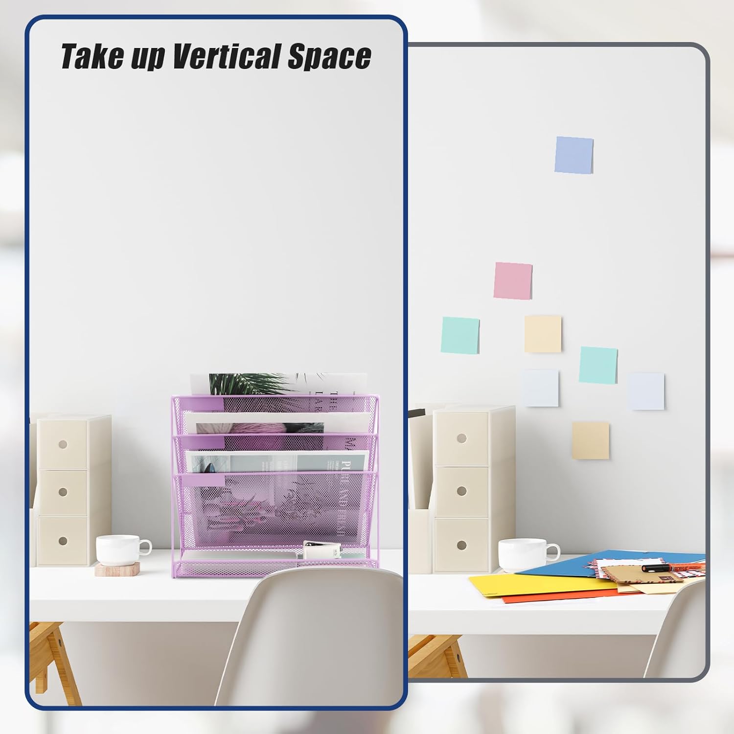EASEPRES Desk File Organizer Mesh 4-Tier, Hanging Wall Mount Document Organization Stand, Desktop Vertical Mail Paper Folder Holder Rack with Bottom Tray for Office Home Cubicle, Light Purple