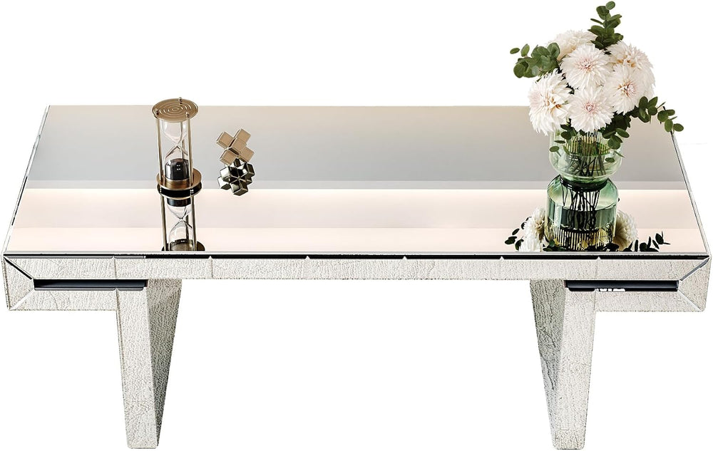 47 Inches Luxury Rectangular Mirror Coffee Table with Tempered Glass, Sofa Si...