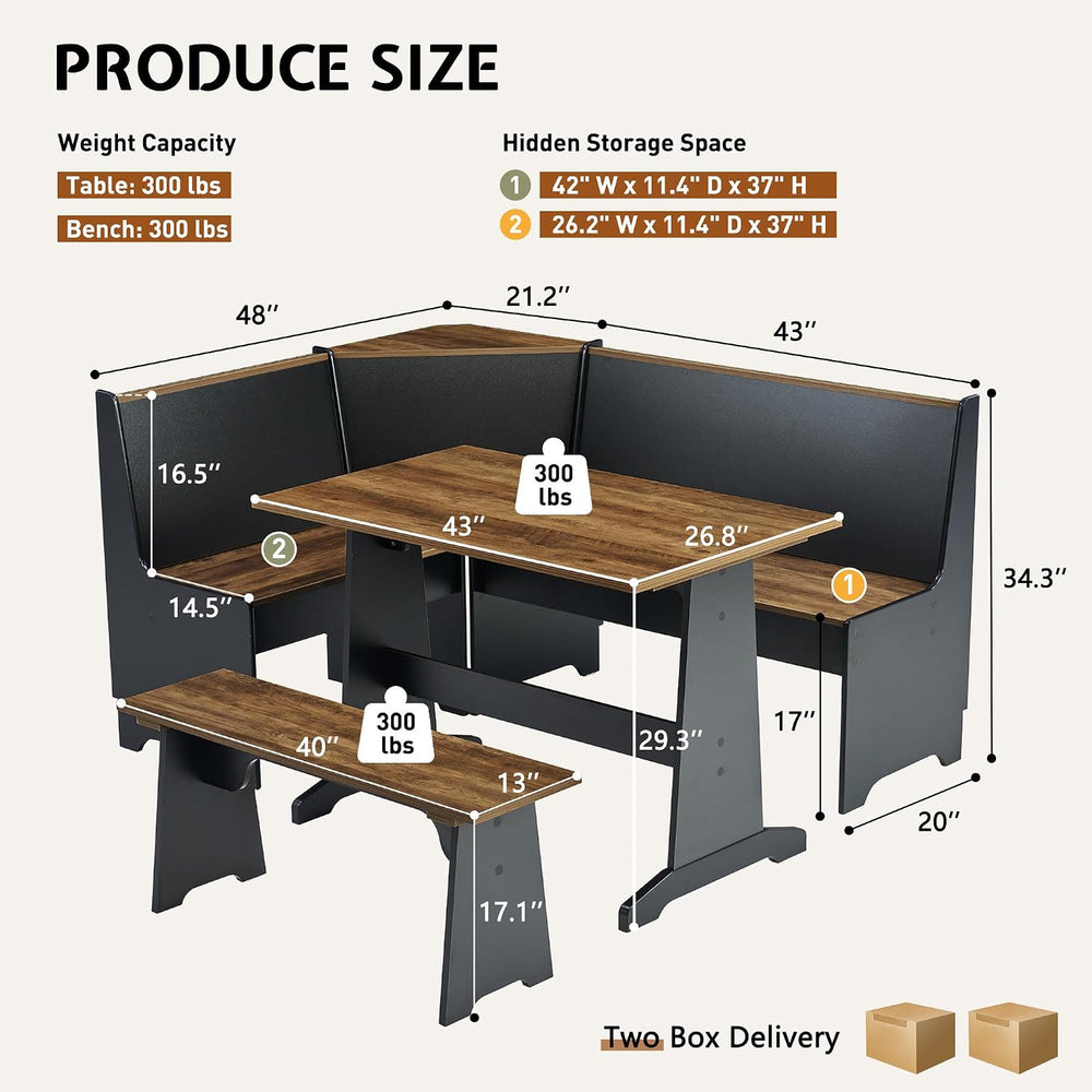 LUXOAK 3-Piece Corner Dining Set with Hidden Storage, Black Oak | Breakfast N...