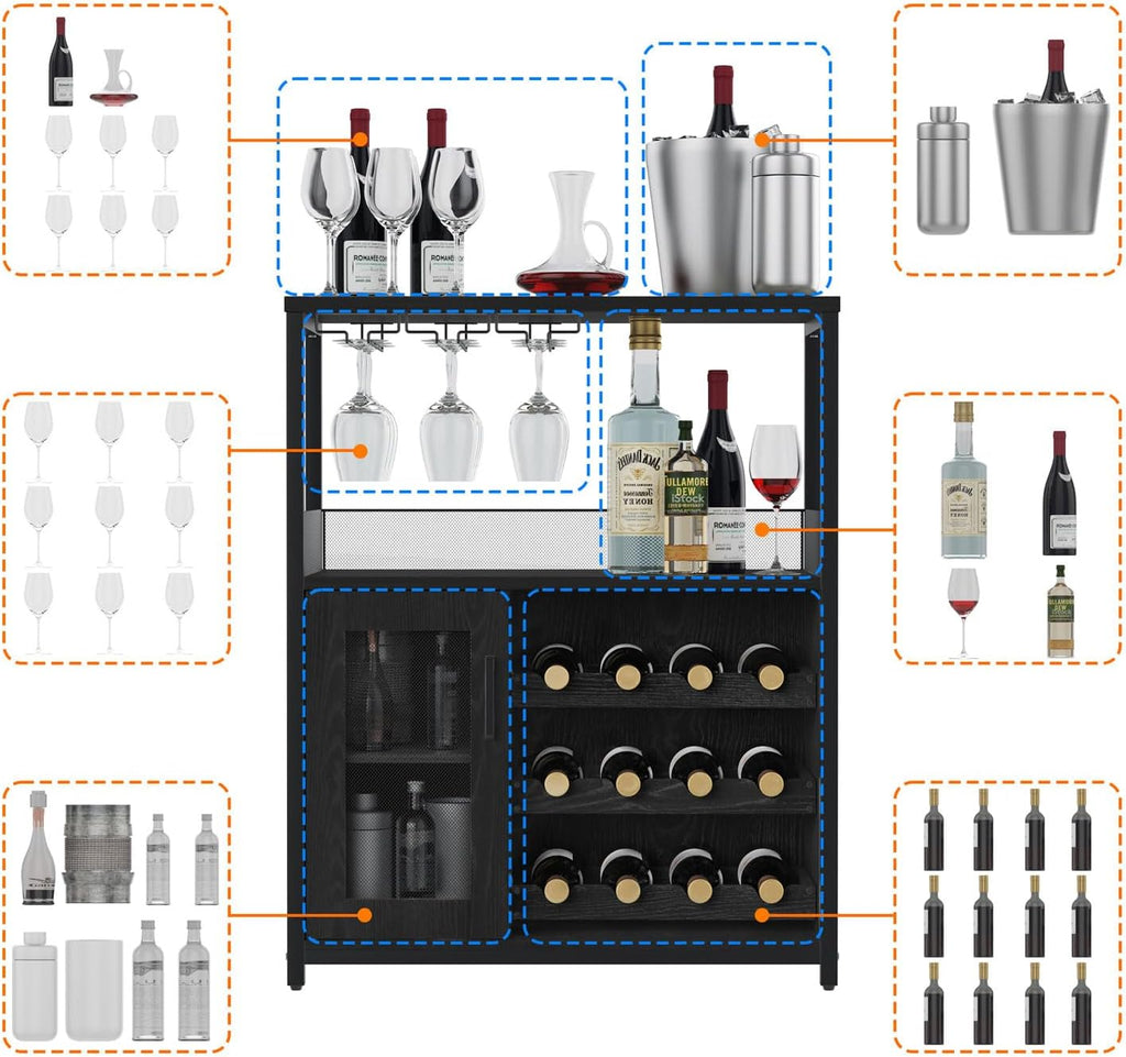 GAOMON Coffee Wine Bar Cabinet with Storage and Detachable Rack | Farmhouse Sideboard and Buffet Cabinet with Glass Holder and Mesh Door, Liquor Coffee Bar Cupboard, Black