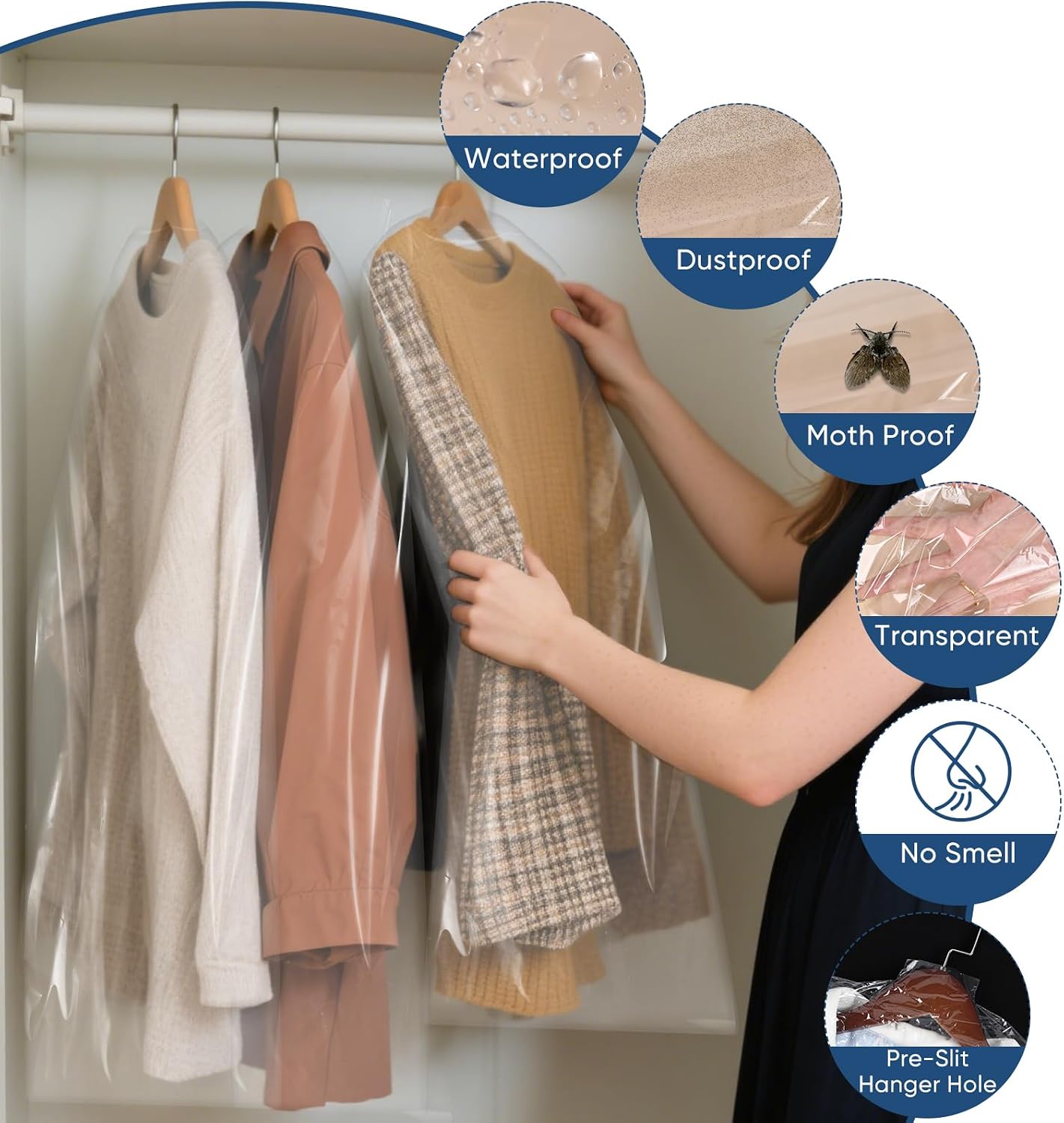 50 Pack 23.6"x40" Garment Bags for Hanging Clothes, Thick Clear Plastic Dry Cleaning Covers for Closet Storage & Travel