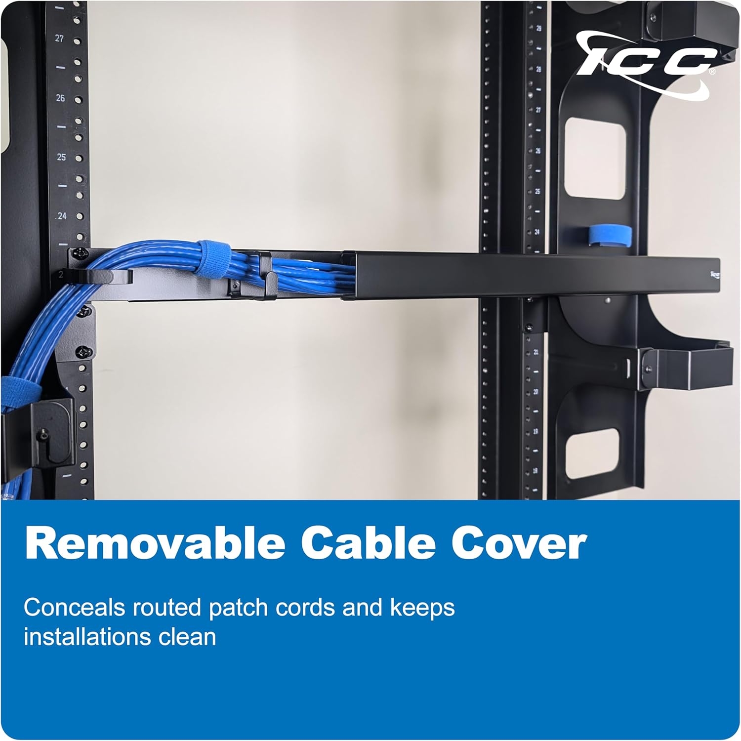 ICC 1U Ring Cable Manager Panel with Cover, Metal, 3" D-Rings, Horizontal and Vertical Cable Management, Rackmount for 19” Network Racks, Black, Single Pack