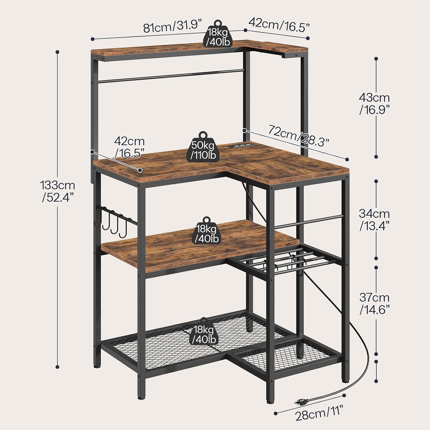 HOOBRO L-Shaped Bakers Rack with Power Outlet, 4-Tier Corner Microwave Stand with Storage, Coffee Bar Station with 8 Hooks, Kitchen Shelf Rack, 2 Installation Methods, Rustic Brown and Black BF20UHB01