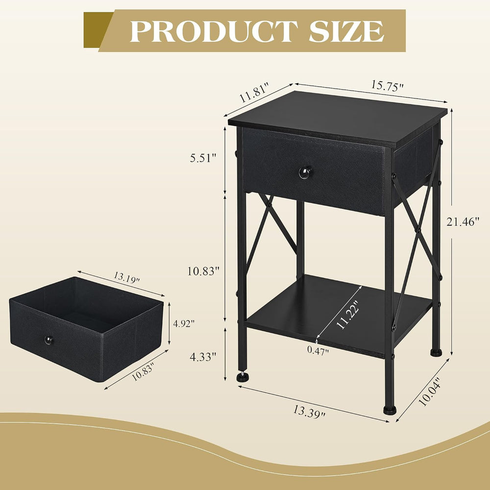 VECELO Nightstand Set of 2, X-Design End Side Table with Fabric Storage Drawe...