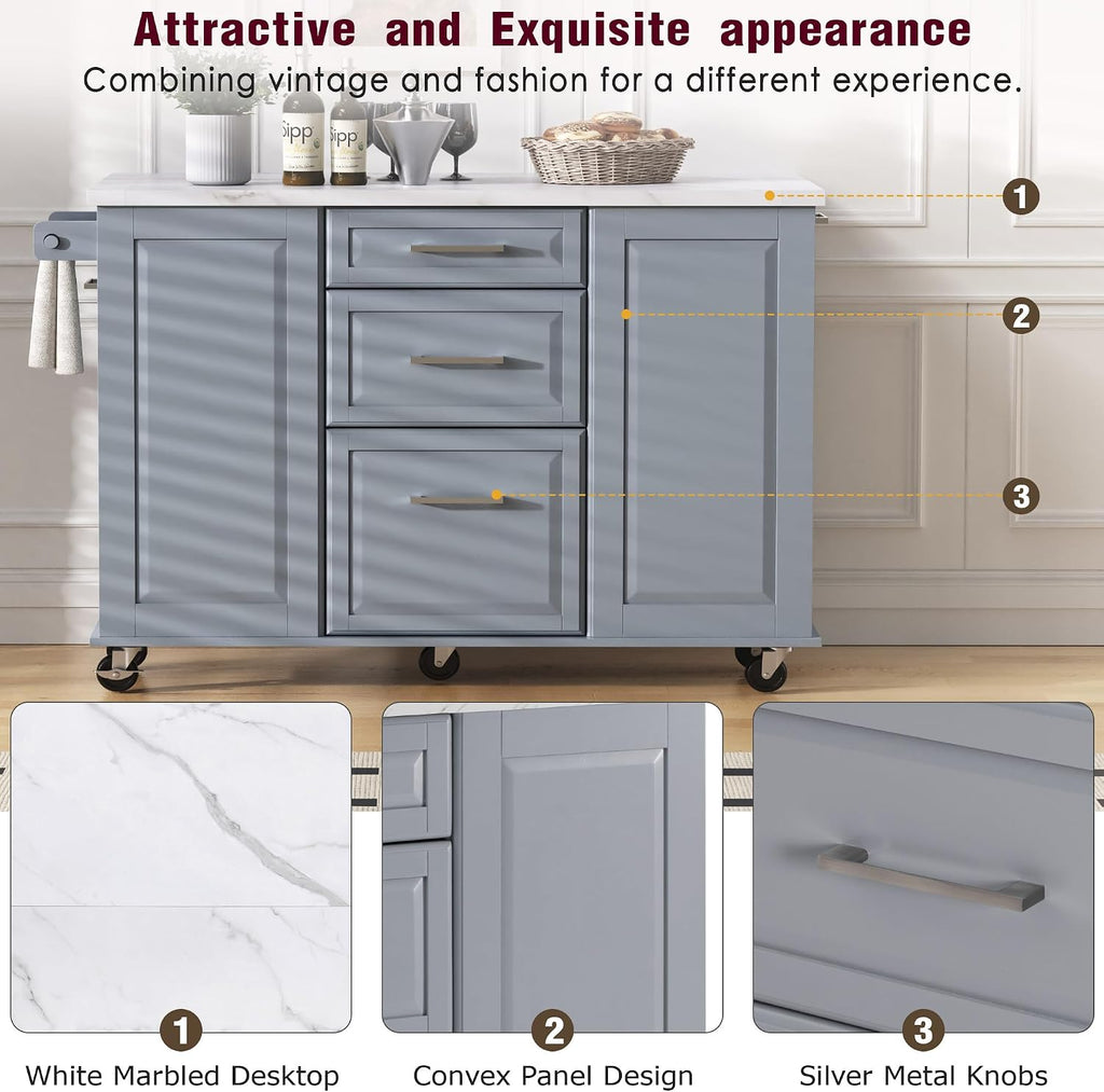 Merax 50.7" Kitchen Island with Storage Tilt Trash Can Cabinet and Pull Out Cabinet Organizer, Rolling Kitchen Island on 5 Wheels with Drop Leaf, 2 Drawers, 1Door for Dining Room, Grey+Blue