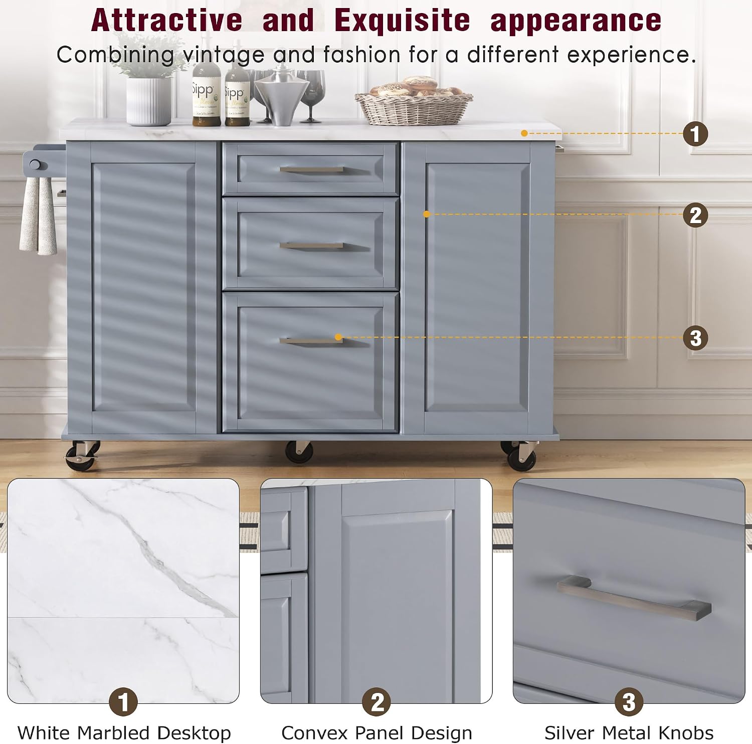 Merax 50.7" Kitchen Island with Storage Tilt Trash Can Cabinet and Pull Out Cabinet Organizer, Rolling Kitchen Island on 5 Wheels with Drop Leaf, 2 Drawers, 1Door for Dining Room, Grey+Blue