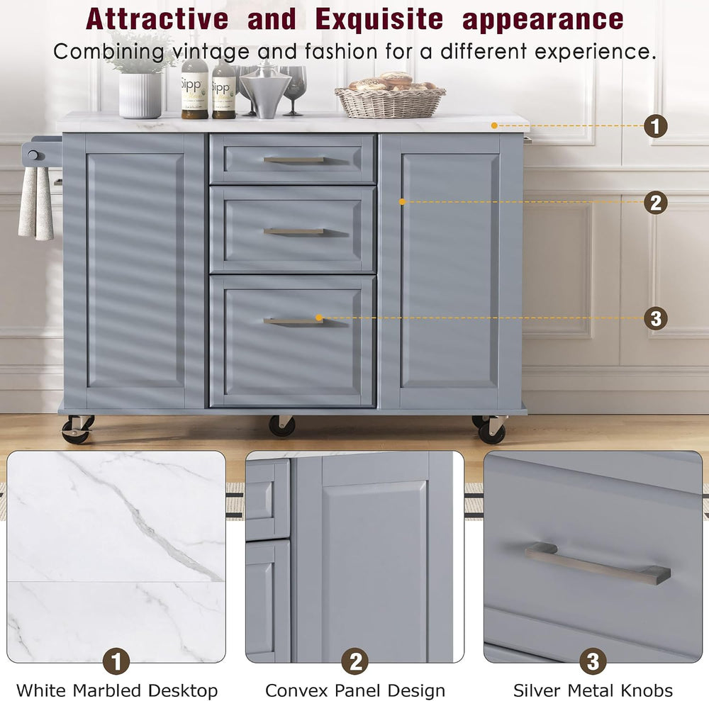 Rolling Kitchen Island Cart with Marble Countertop, Mobile Storage Kitchen Ca...