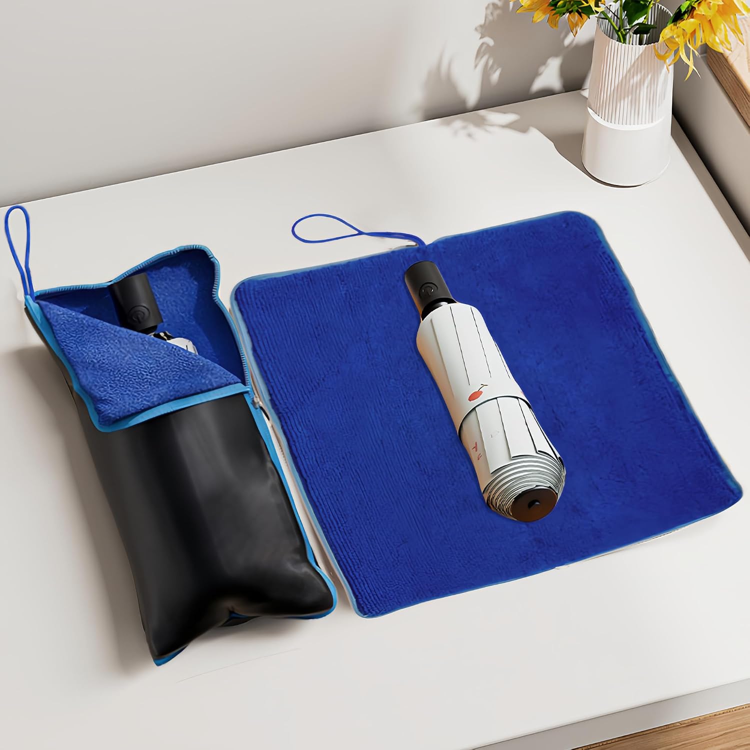 Portable Umbrellas Carry Bag Reversible Wet Umbrella Sleeve Folding Cover Waterproof Pouch Case for Car Storage Travel Home School (Blue)