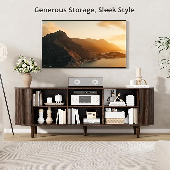 VOWNER 63" Fluted TV Stand, Modern Entertainment Center for TVs Up to 65" with Adjustable Shelves and Sliding Doors, Curved Media Console Table with Storage Cabinet for Living Room Bedroom (Walnut)