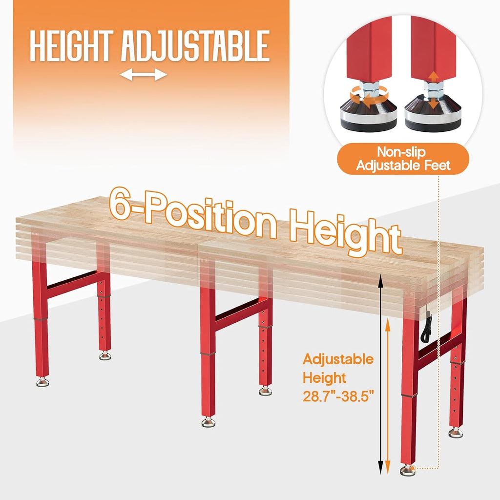 SPECRAFT 84" Red Adjustable Heavy Duty Workbench with 4 AC Outlet and 2 USB Ports Power Outlets, 6000 Lbs Capacity, Rubber Wood Top for Garage, Workshop, Office