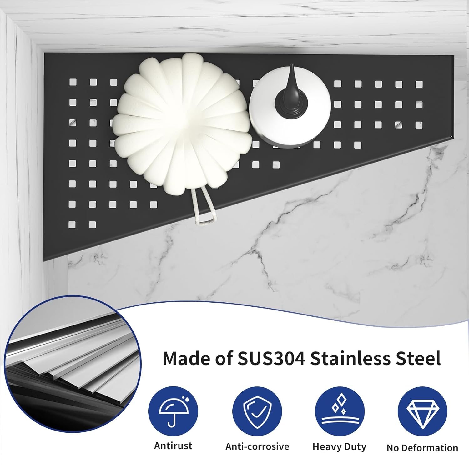 Corner Shower Shelf, Matte Black 12" 304 Stainless Steel Trapezoid Grout in Shelf with Grid Hollows Design, Recessed Bathroom Shelves for Tiled Wall Retrofit, 2 Pack