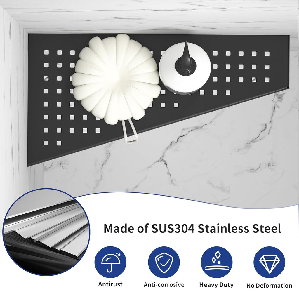 Corner Shower Shelf, Matte Black 12" Trapezoid Grout in Shampoo Shelf, 304 Stainless Steel Grid Design Recessed Bathroom Shelf for Tiled Wall