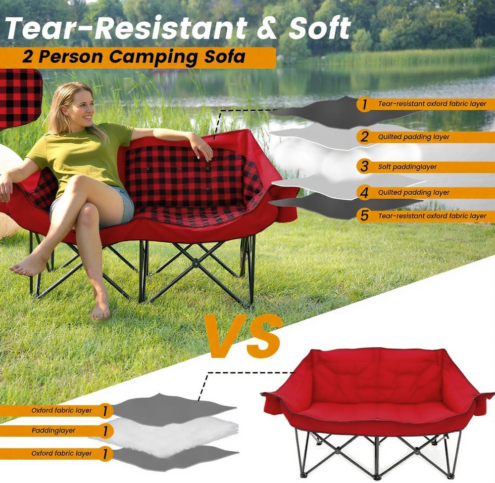 Heated Double Camping Chair, Padded Camping Couch with 3 Heat Levels and 4 He...