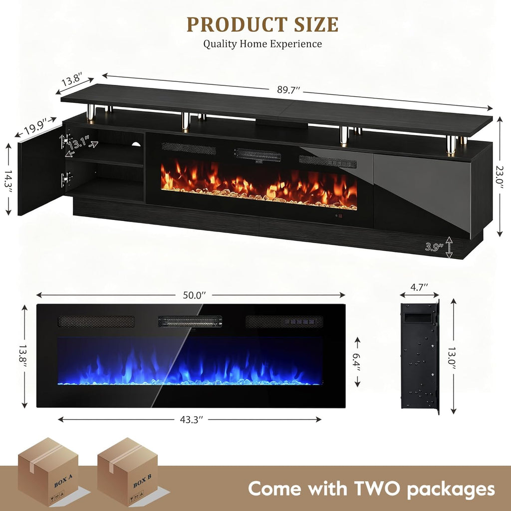 oneinmil 90'' Fireplace TV Stand with 50” Electric Fireplace, 2 Tier TV Console Stand for TVs Up to 100", LED Light Entertainment Center, Fireplace for The Living Room TV Stand, Black