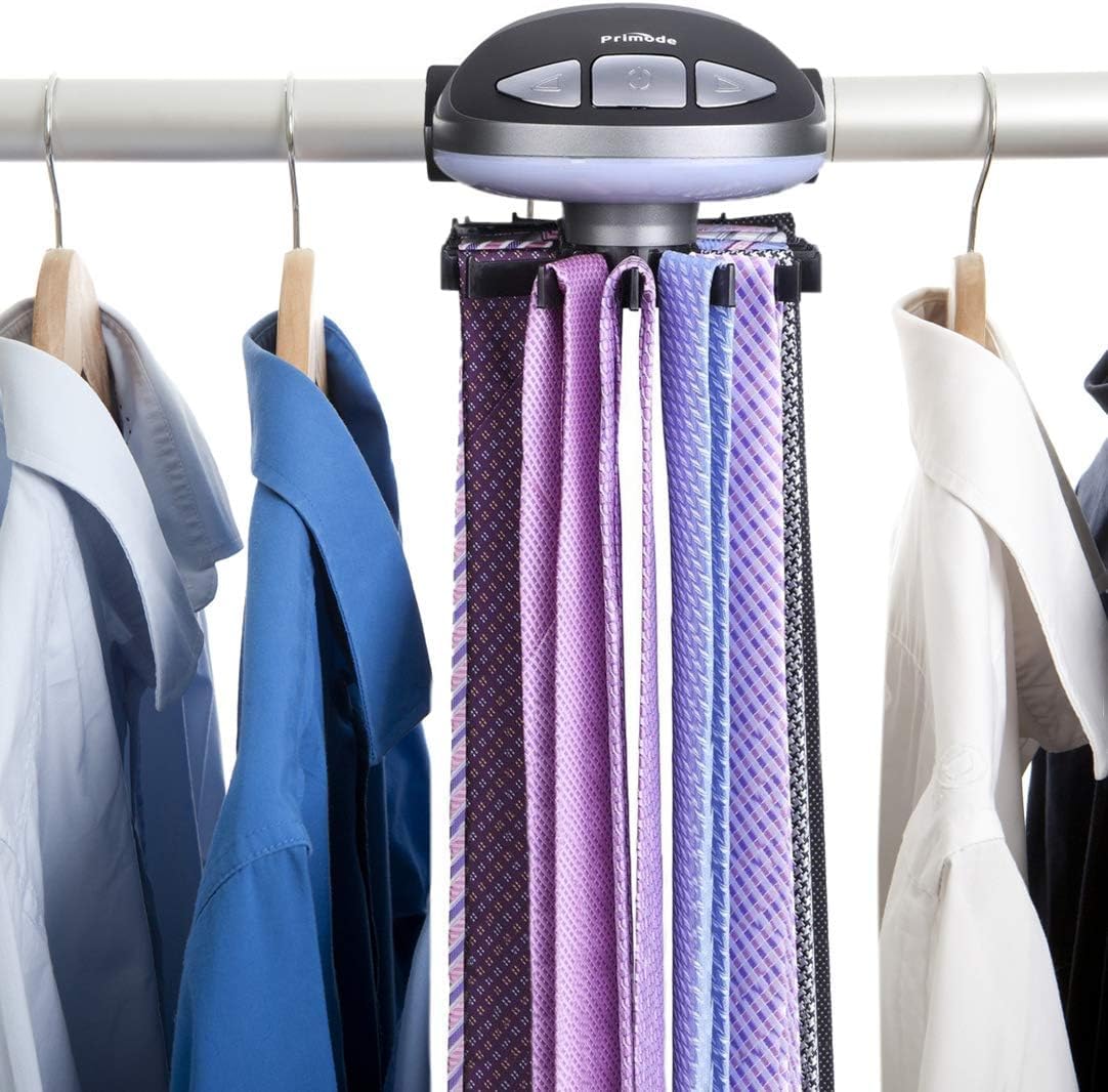 Motorized Tie Rack Stores Up to 50 Ties– Closet Organizer, Holds & Displays Up to 50 Ties Or Belts, Rotation Operates with Batteries. Great Gift Idea for Fathers Day