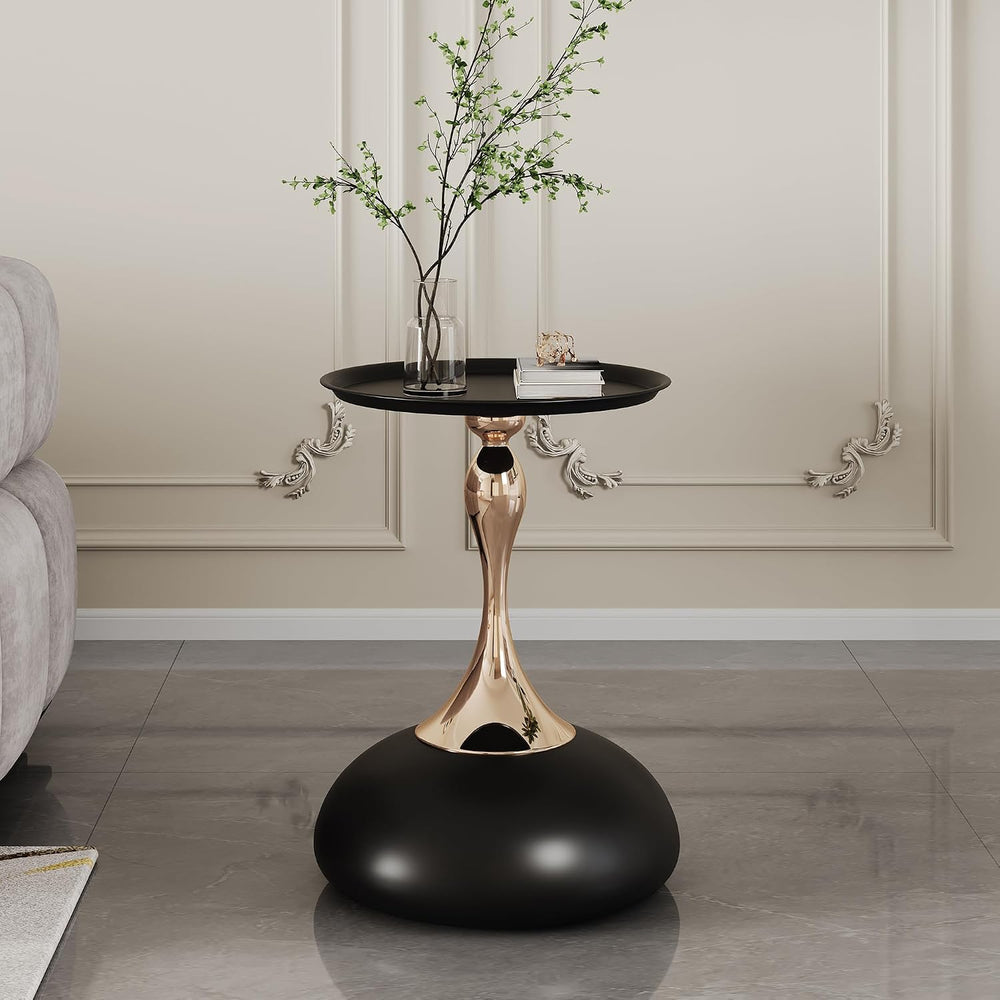 Round Side Table, Small Black End Table with Metal Pedestal, Modern Martini T...