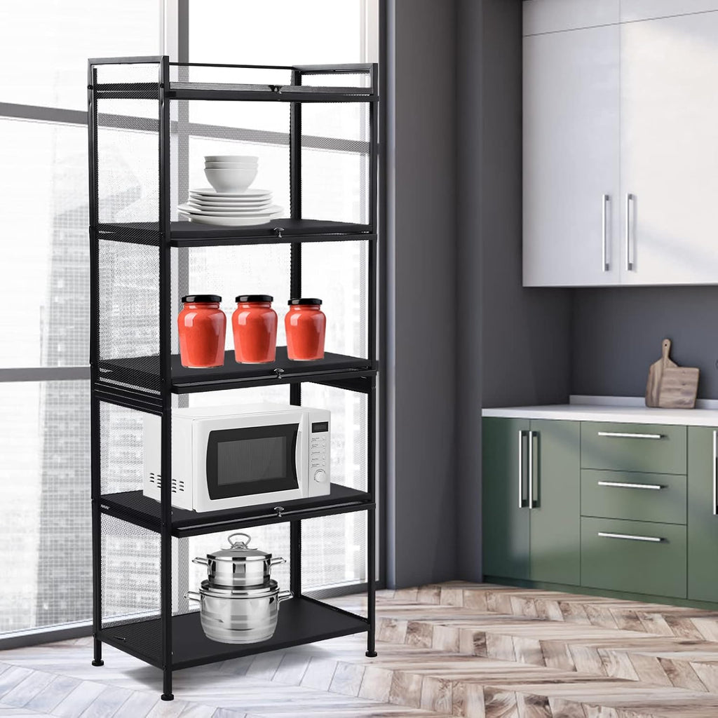 60x32x141.5cm 5-Tier Kitchen Storage Cabinet, Mobile Microwave Stand with Flip-Up Doors - Black Freestanding Kitchen Bakers Rack for Pantry, Bathroom Organizer