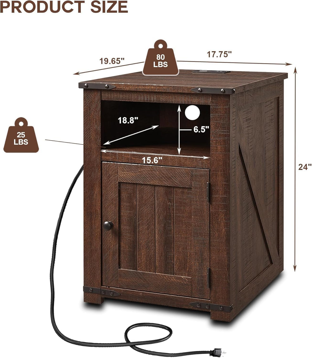 Farmhouse Night Stands Set of 2, 20" End Table w/Charging Station, Rusti...