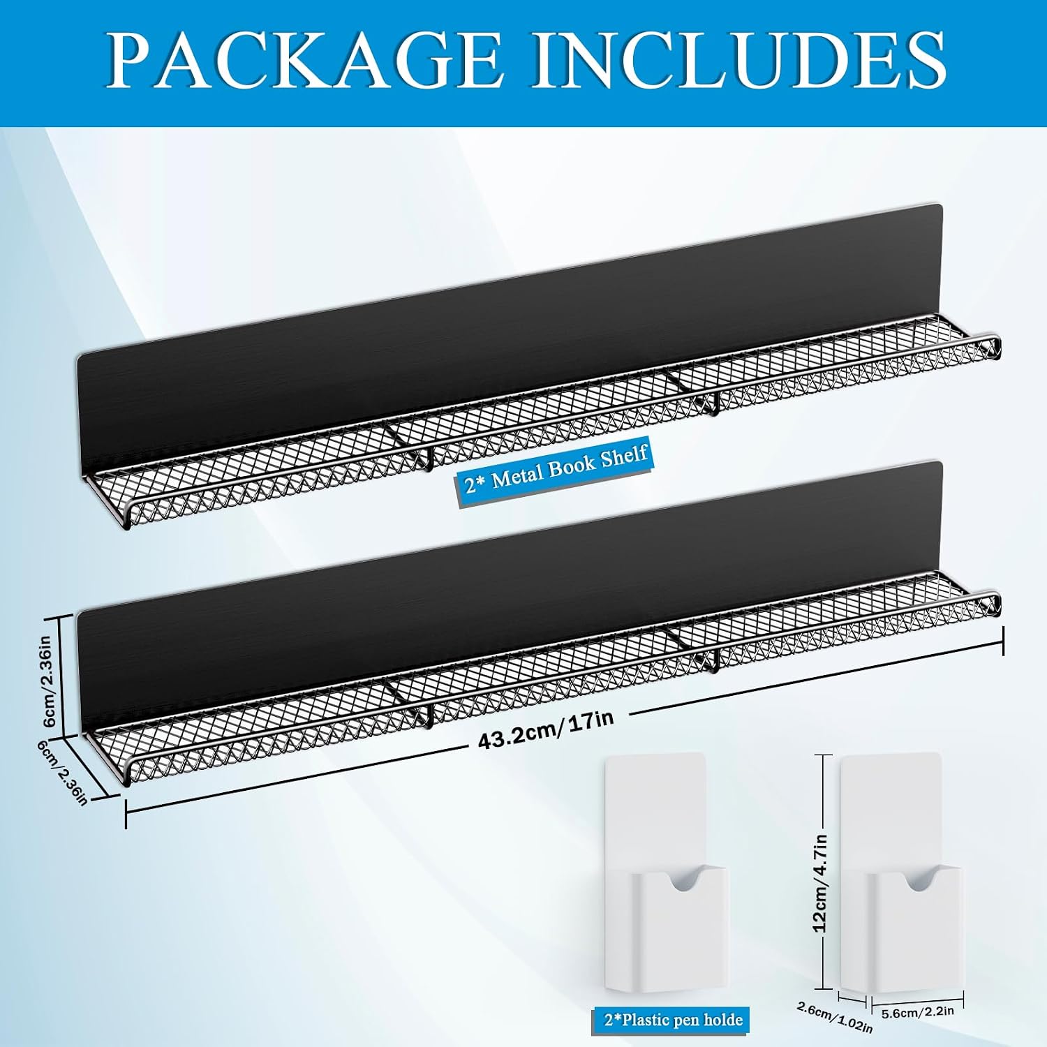 DTUQYX Metal Magnetic Book Shelf: 2-Pack 17” Magnetic Bookshelves for Whiteboard with 2 Pen Containers Strong Adsorption, Durable Floating Book Display Shelf, Movable Office File Holder (Black)