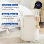 Fiona's magic Woven Rope Laundry Hamper, Tall Laundry Basket for Blanket Storage, Large Dirty Clothes Hamper for Toys, Decorative Baby Nursery Hamper for Bedroom, Living Room - White, 58L