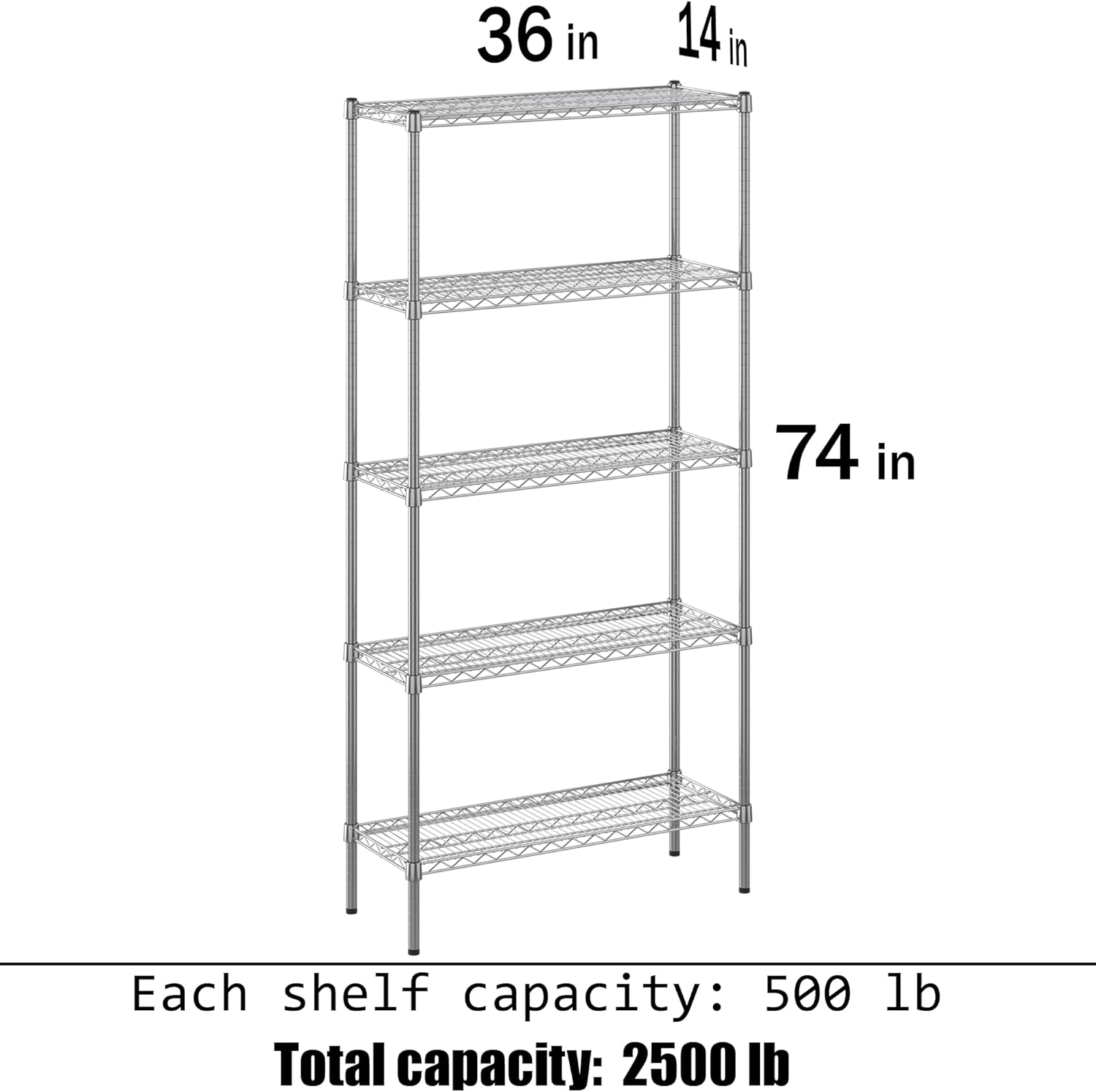 14" Deep x 36" Wide x 74" Height Wire Shelving Kit | 5-Tier | NSF Commercial Storage Rack Unit