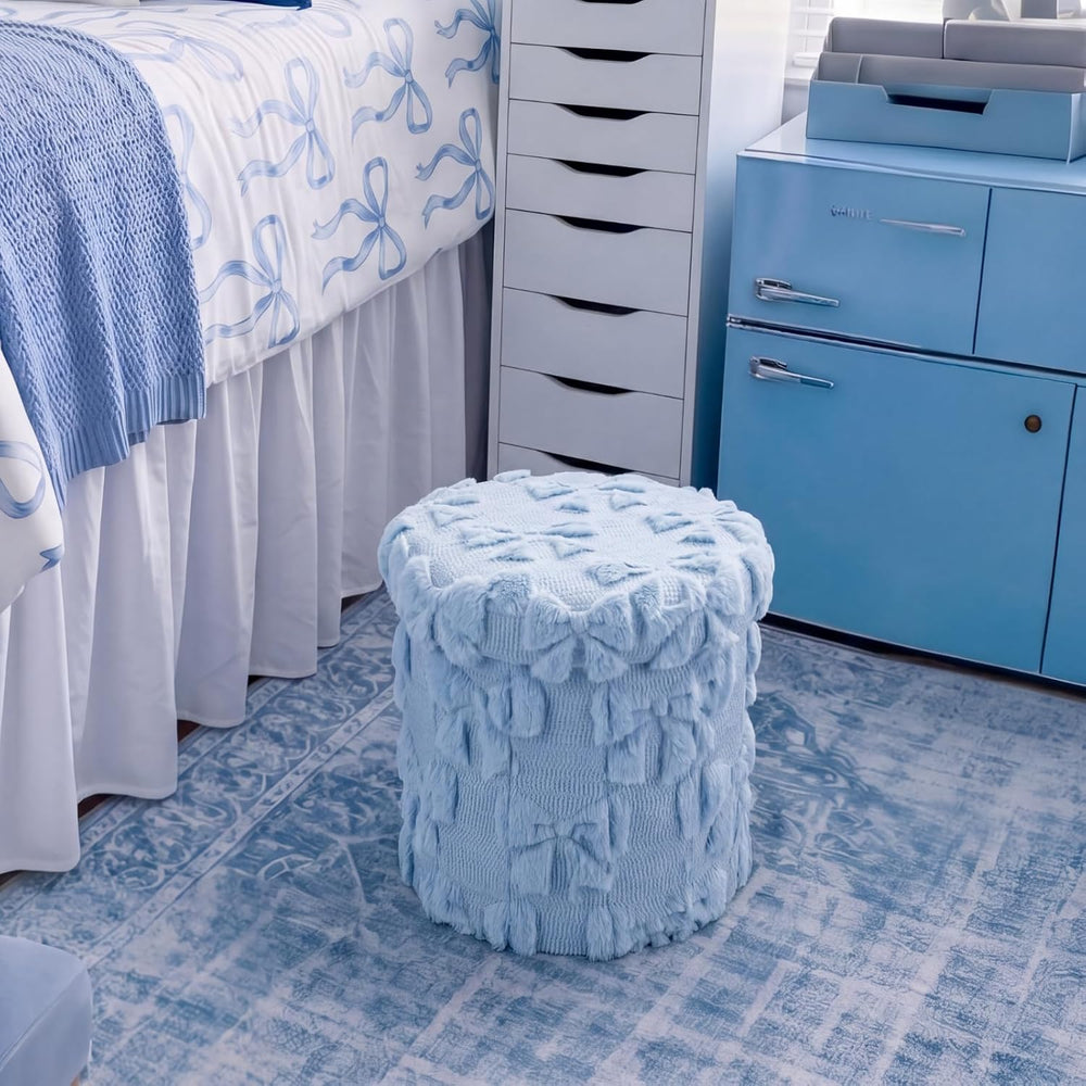 RattanView Foldable Ottoman with Storage 12 Inch Blue Bow Coquette Round Stor...