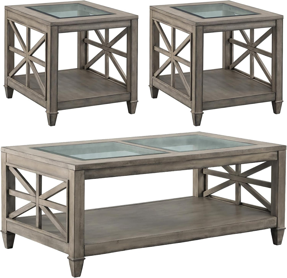 3 Piece Farmhouse Coffee Table & End Tables Set, Antique Grey | Solid Woo...