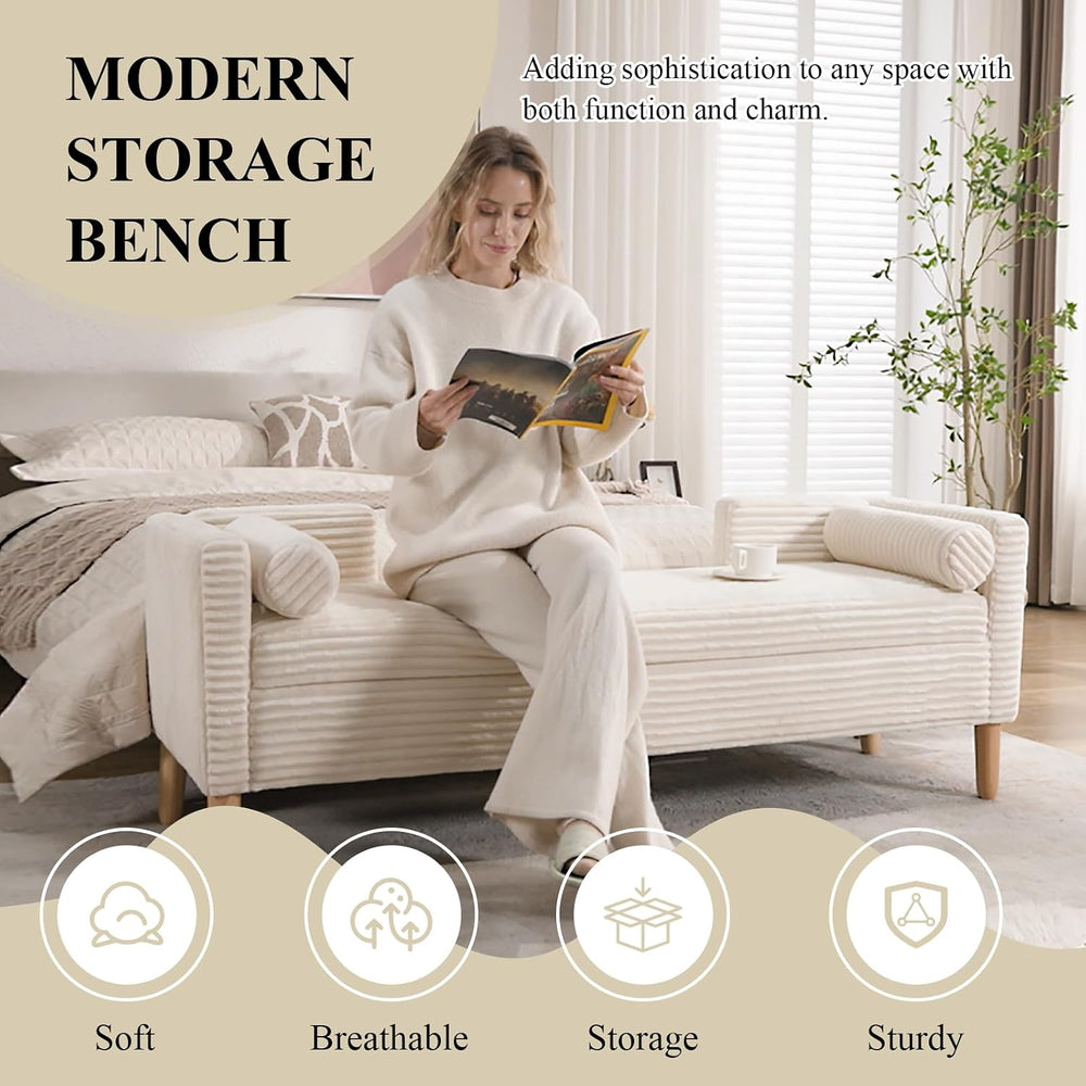 65.35" Storage Bench, Corduroy Upholstered End of Bed Bench with Bolster...