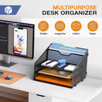 Letter Tray Organizer, Mesh Desk File Organizer with 3 Paper Trays and 2 Vertical Upright Section, Blank