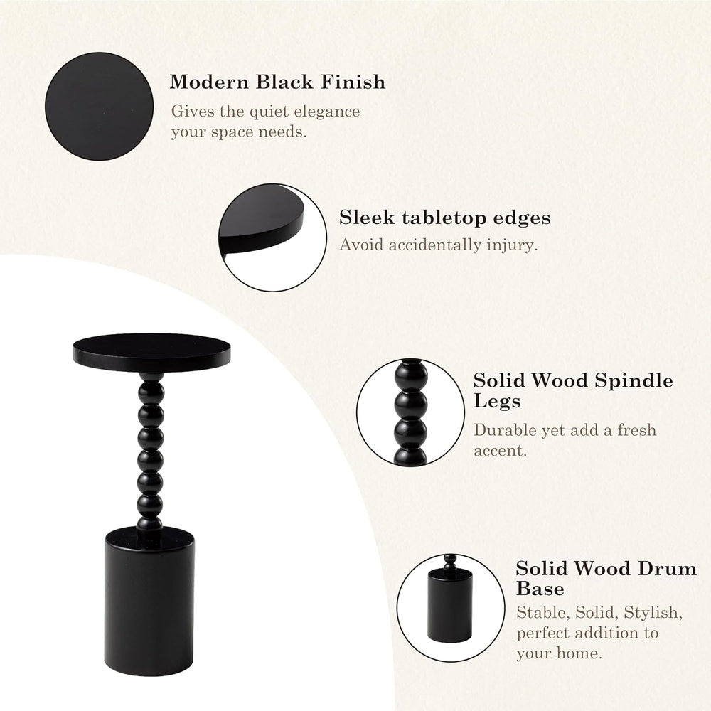 COZAYH Black Wood End Table with Round Top and Decorative Beaded Pedestal, Mo...
