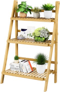 Foldable Ladder Shelf 39.4", Plant Shelf 3 Tier, Bamboo Ladder Flower Pot Display Shelf, Freestanding Ladder Bookshelf for Living Room, Balcony, Yard, Garden, 23.6"W x 15"D x 39.4"H, Natural
