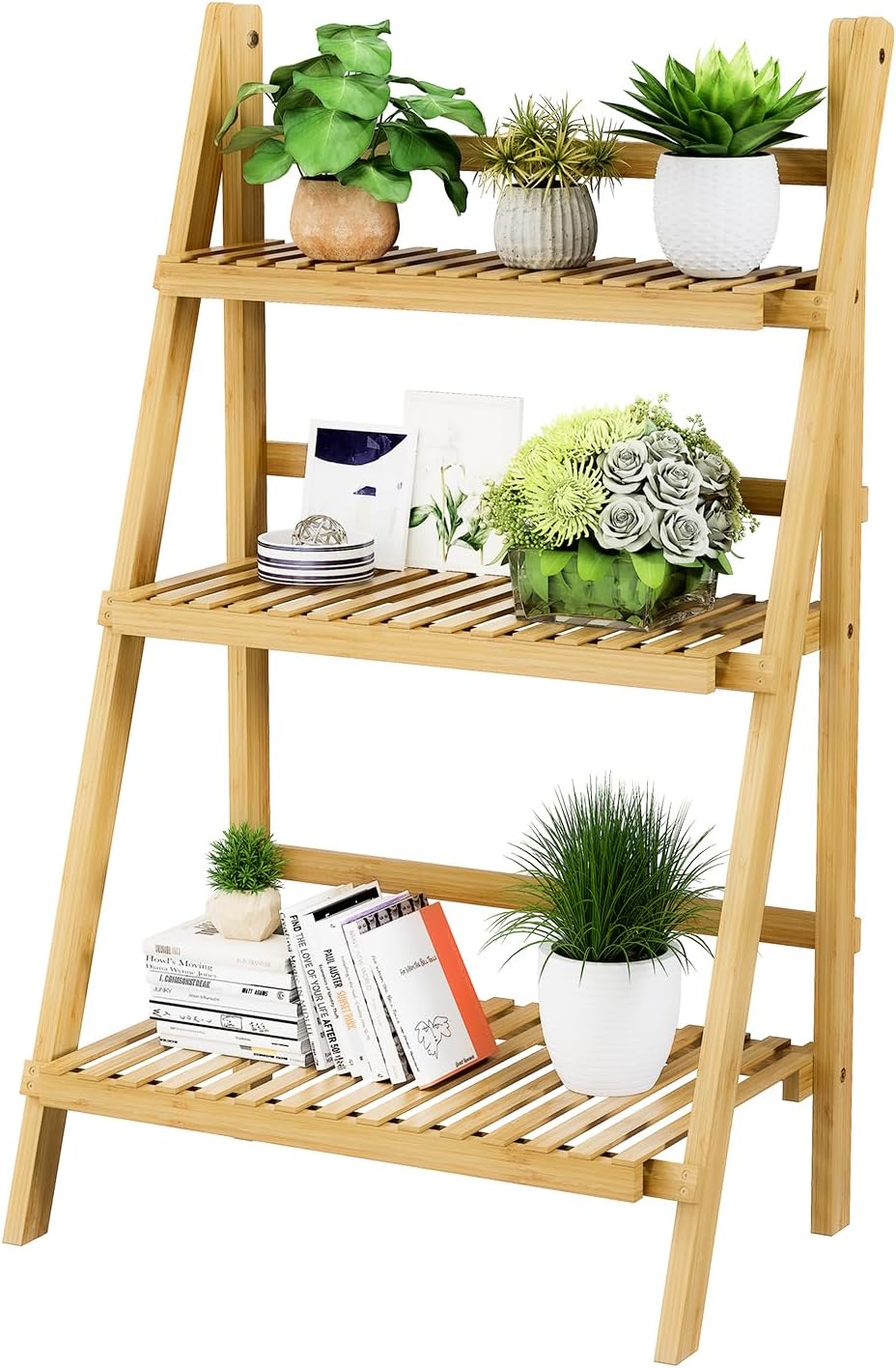 Foldable Ladder Shelf 39.4", Plant Shelf 3 Tier, Bamboo Ladder Flower Pot Display Shelf, Freestanding Ladder Bookshelf for Living Room, Balcony, Yard, Garden, 23.6"W x 15"D x 39.4"H, Natural