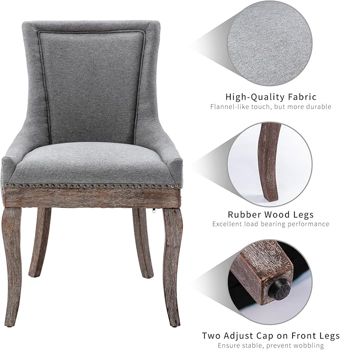 Gray Dining Chairs Set of 4, Kitchen & Dining Room Chairs, Fabric Upholstered Dinning Chairs, Sillas De Comedor, Nailhead Trim, Wood Legs (Grey, 4 Pcs)